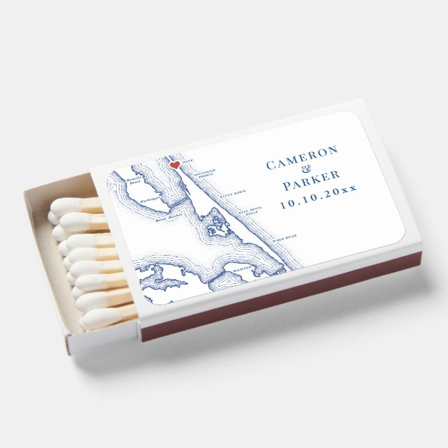 Duck NC Map Elegant Navy Blue Wedding Matchboxes (Front Open)
