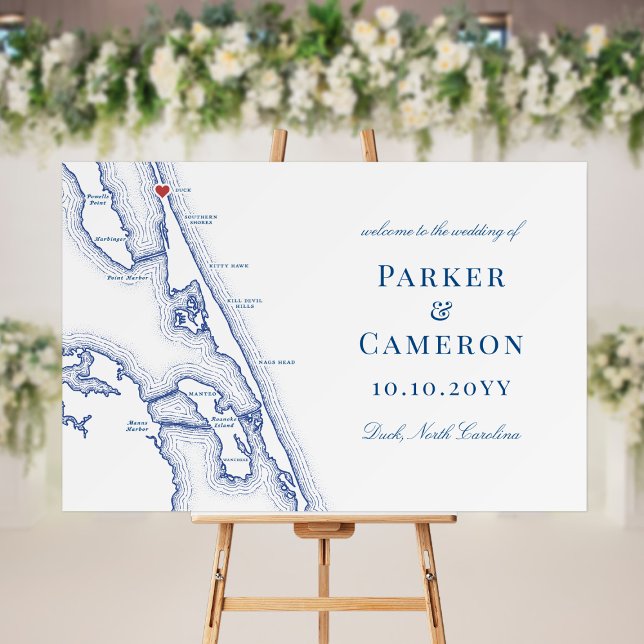 Duck NC OBX Map Wedding Navy Blue Welcome Sign (Duck NC Wedding Welcome Sign for an elegant navy blue Outer Banks Wedding by Coastal Map Designs)