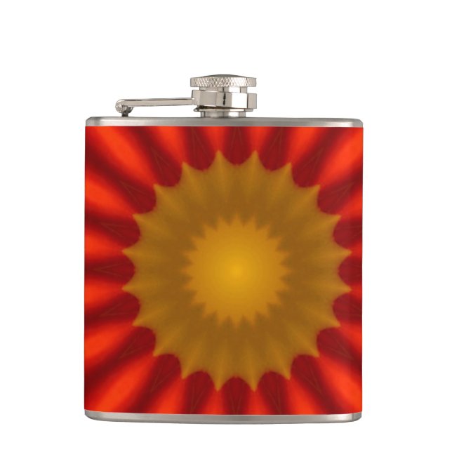 Duck on blue with red kaleidoscope hip flask (Front)