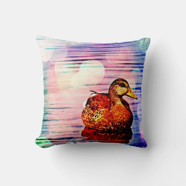 Duck On Colored Water Throw Pillow (Front)