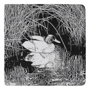 Duck on Lake Black and White Artistic Animal Trivet