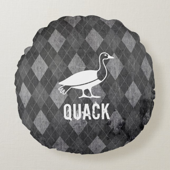 Duck Pictogram on Black Argyle Grunge Round Pillow (Front)