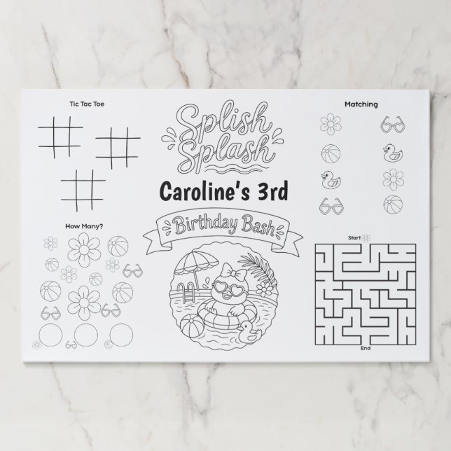 Duck Pool Party Activity Placemat | Coloring Page (Front)