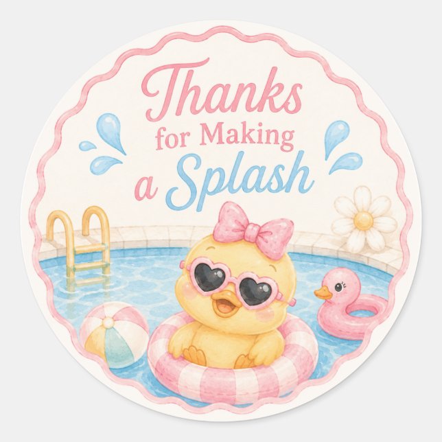 Duck Pool Party Thank You Stickers | Pink Summer (Front)