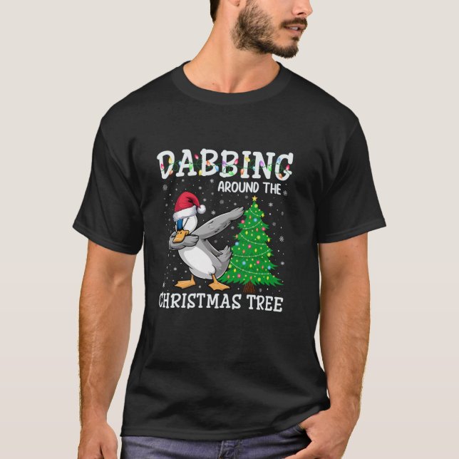 Duck Santa Hat Dabbing Around the Christmas Tree T T-Shirt (Front)