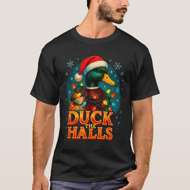 Duck The Halls Funny Christmas Lights Hunting Seas T-Shirt (Front)