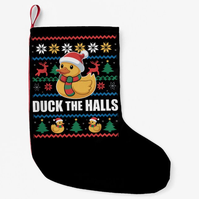 Duck The Halls Ugly Christmas Funny Santa Claus  Small Christmas Stocking (Front)