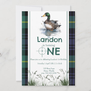 Duck Theme 1st Birthday Hunter green plaid Invitation