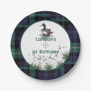 Duck Theme 1st Birthday Hunter green plaid Welcome Paper Plates