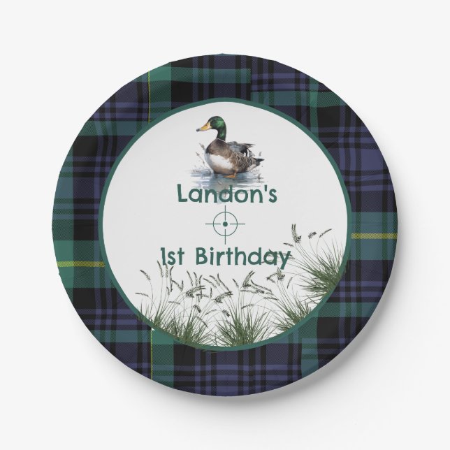 Duck Theme 1st Birthday Hunter green plaid Welcome Paper Plates (Front)
