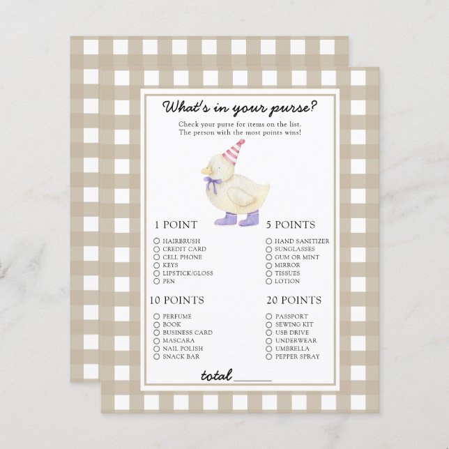 Duck - What's in your purse baby shower game (Front/Back)