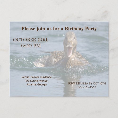 Duck with beak open              invitation postcard
