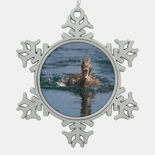 Duck with beak open snowflake pewter christmas ornament (Front)