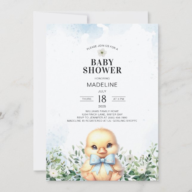 Duck with Bow Blue Boy Baby Shower Invitation (Front)