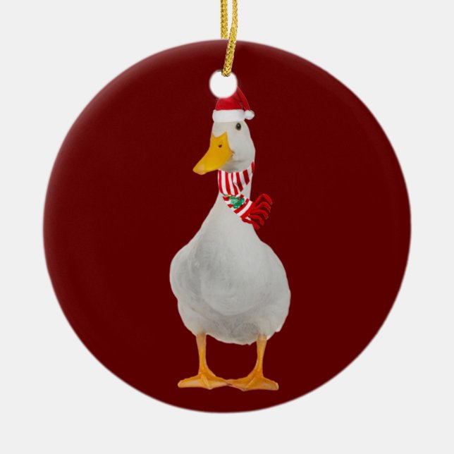 Duck With Hat Scaft Christmas Ceramic Ornament (Front)