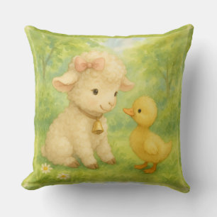 Duckling and Sheep with Bell, Watercolor by Natas Throw Pillow