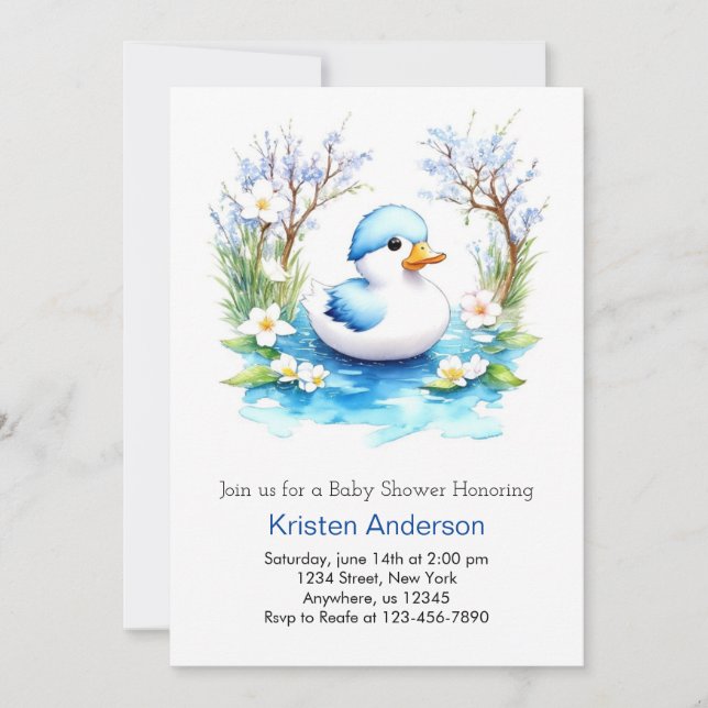 Duckling Blissful Blue Floral Boy Baby Shower Invitation (Front)