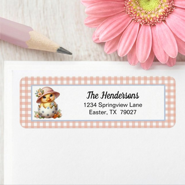 Duckling Chick in Easter Egg on Pink Gingham Plaid Label (Creator Uploaded)