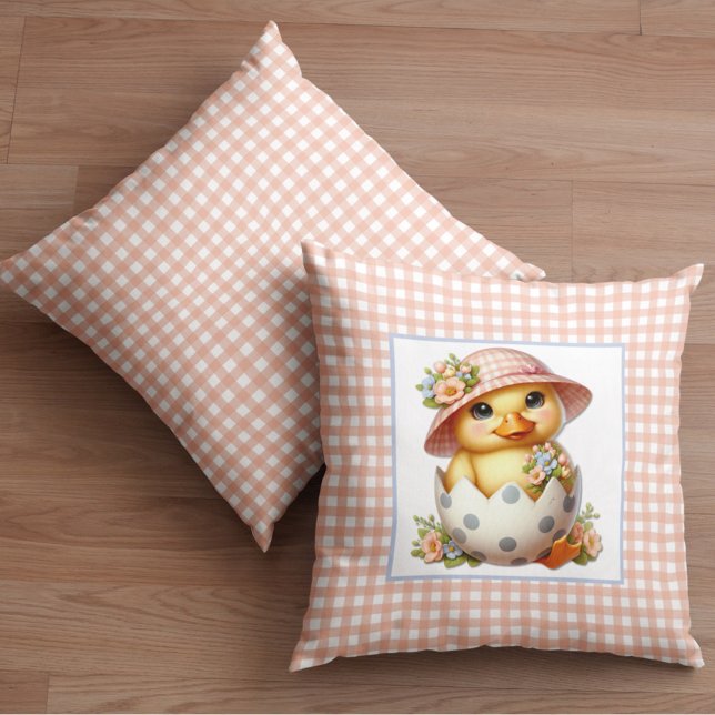 Duckling Chick in Easter Egg on Pink Gingham Plaid Throw Pillow (Creator Uploaded)