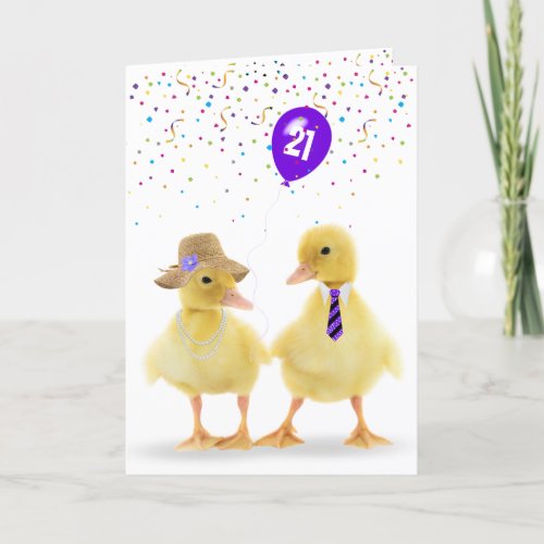  Duckling Couple With 21st Birthday Balloon Card