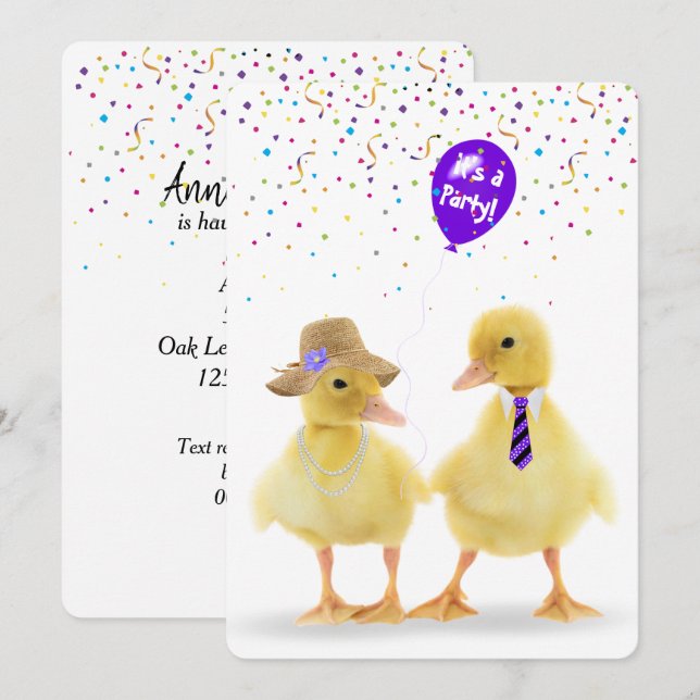  Duckling Couple With Party Balloon Invitation (Front/Back)