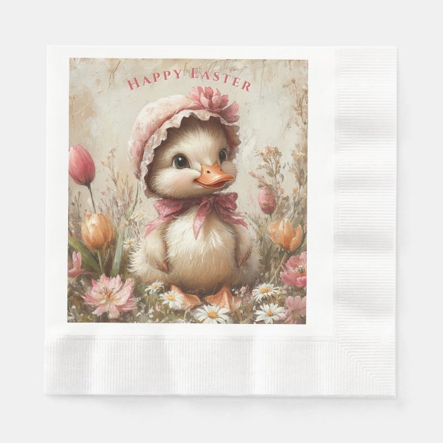  Duckling Easter Pink Bonnet Tulips Daisies Napkins (Front)
