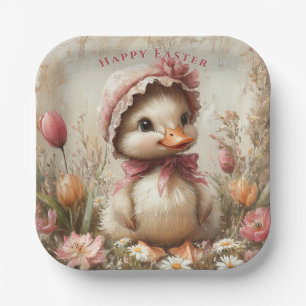 Duckling Easter Pink Bonnet Tulips Daisies Paper Plates