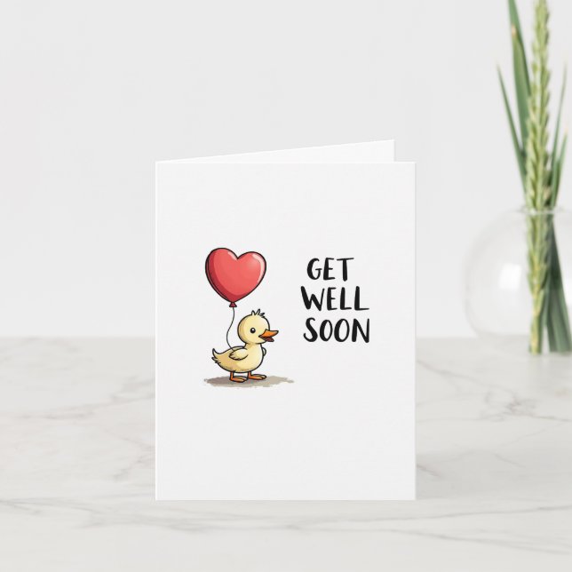 Duckling Get Well Soon Card with Heart Balloon (Front)
