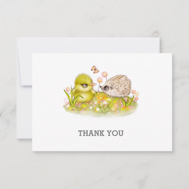 Duckling Hedgehog and Butterfly Thank you Notecard (Front)
