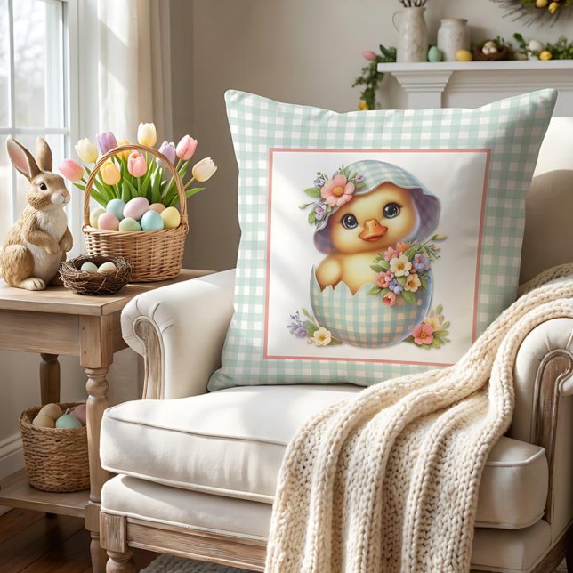 Duckling in Easter Egg & Flowers on Blue Gingham Throw Pillow (Creator Uploaded)