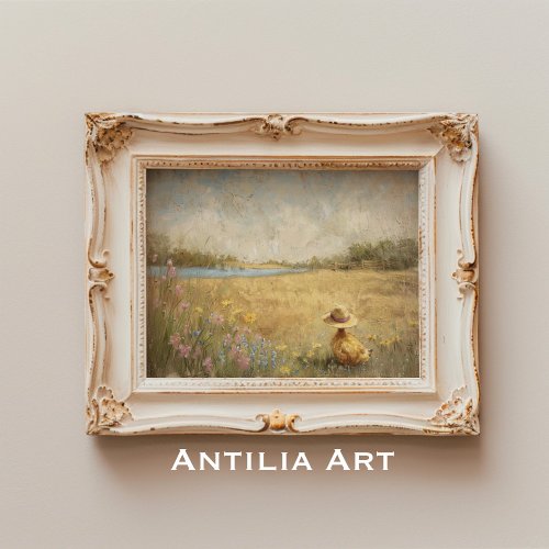 Duckling in Hat Painting Rustic Lake Landscape  Poster