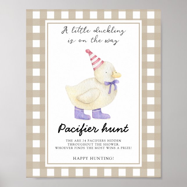Duckling pacifier hunt baby shower game poster (Front)