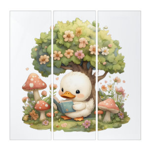 Duckling Reading Under a Tree – Whimsical and Rela Triptych