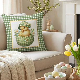 Duckling Sitting in Easter Egg on Green Gingham Throw Pillow