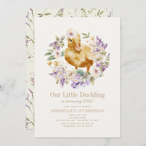 Duckling Watercolor Floral Girl 1st Birthday Invitation
