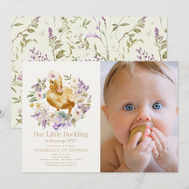 Duckling Watercolor Floral Girl 1st Birthday Photo Invitation (Front/Back)
