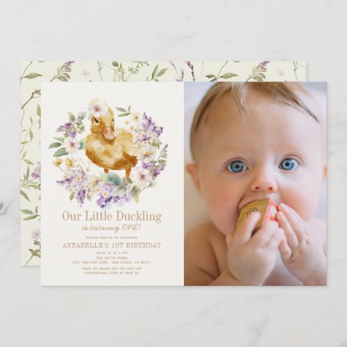 Duckling Watercolor Floral Girl 1st Birthday Photo Invitation