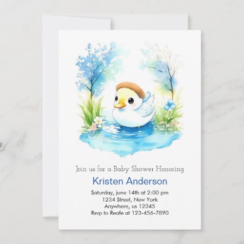 Duckling Watercolor Wildflower Boy Baby Shower Invitation