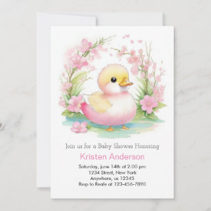 Duckling Whimsical Pink Floral Girl Baby Shower Invitation