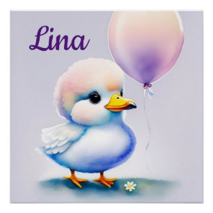 Duckling with Balloon - Watercolor for Kids Poster