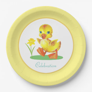Duckling with Flower on Yellow & White Paper Plates