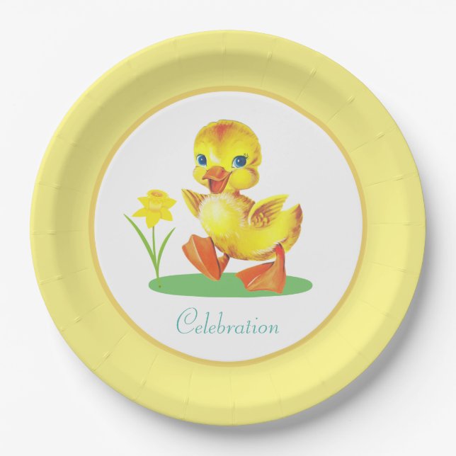 Duckling with Flower on Yellow & White Paper Plates (Front)