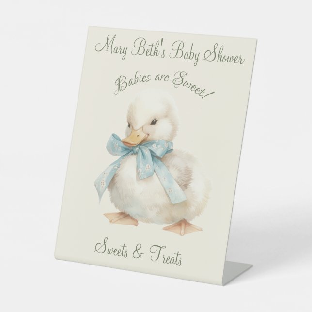 Duckling with Ribbon Baby Shower Sweets & Treats Pedestal Sign (Front)