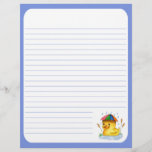 Duckling With Umbrella Hat Letterhead<br><div class="desc">Cute illustration of a yellow duckling wearing a colorful umbrella hat swimming on a pond in the rain,  in the bottom right corner. A white writing space with blue lines on a blue background.</div>