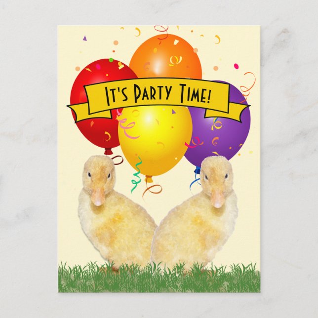 Ducklings Colorful Balloons Children's Birthday Invitation Postcard (Front)