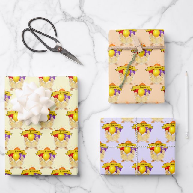 Ducklings & Colorful Balloons Children's Birthday Wrapping Paper Sheets (Front)