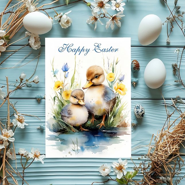 Ducklings Delight: Easter Edition Holiday Card (happy easter, duckling, easter postcard, easter, blue, animals, cute easter, flowers, duck, )
