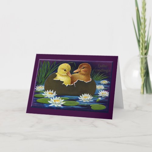 Ducklings in Eggshell Boat with Water Lilies Holiday Card