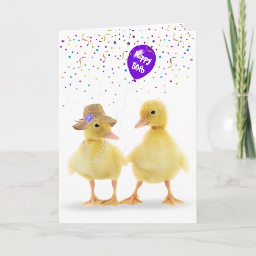 Ducklings With 50th Purple Balloon Card
