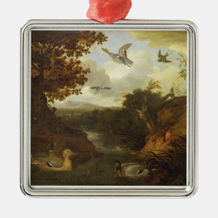Ducks and other birds about a stream in an Italian Metal Ornament